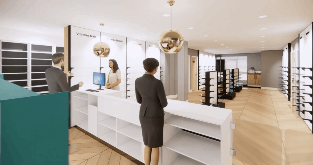 Concept view from the pharmacy counter across the shop